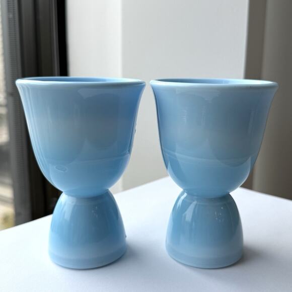 McKee Glass Chalaine Delphite Robin Egg Blue Double Egg Cups Set Of 2 - Picture 3 of 10
